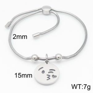 Silver Color Snake Bones Chain Beads Kiss Emoji Round Pendant Stainless Steel Bracelet For Women - KB184637-Z