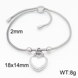 Silver Color Snake Bones Chain Beads White Heart Pendant Stainless Steel Bracelet For Women - KB184648-Z