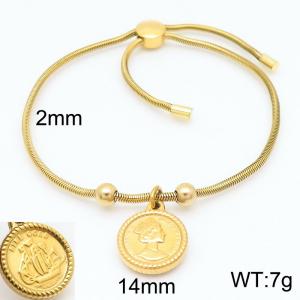 Gold Color Snake Bones Chain Beads Round Pendant Stainless Steel Bracelet For Women - KB184660-Z