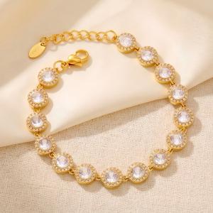 Gold Plated Stainless Steel Bracelet for Women, Round Halo Cubic Zirconia Tennis Bracelet, Adjustable Dainty Crystal Chain Bracelet - KB216061-CAJY