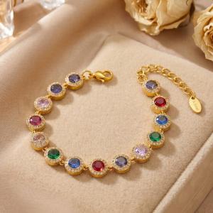 Gold Plated Stainless Steel Bracelet for Women, Round Halo Cubic Zirconia Tennis Bracelet, Adjustable Dainty Crystal Chain Bracelet - KB216063-CAJY