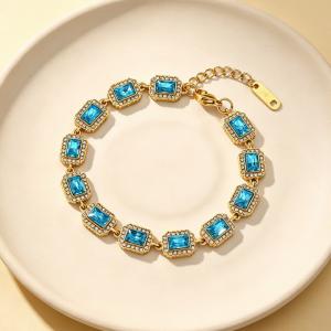 Vintage Royal Rectangular Cubic Zirconia Halo Bracelet Gold Plated Elegant Gemstone Chain Bracelet - KB216309-CAJY