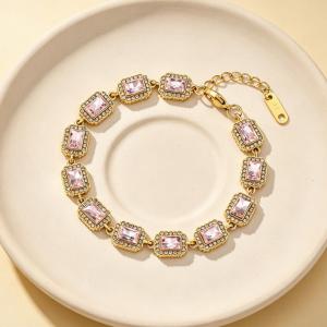 Vintage Royal Rectangular Cubic Zirconia Halo Bracelet Gold Plated Elegant Gemstone Chain Bracelet - KB216311-CAJY