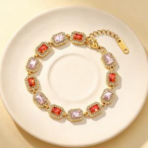 Vintage Royal Rectangular Cubic Zirconia Halo Bracelet Gold Plated Elegant Gemstone Chain Bracelet - KB216316-CAJY