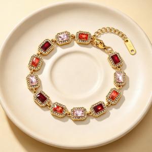 Vintage Royal Rectangular Cubic Zirconia Halo Bracelet Gold Plated Elegant Gemstone Chain Bracelet - KB216317-CAJY
