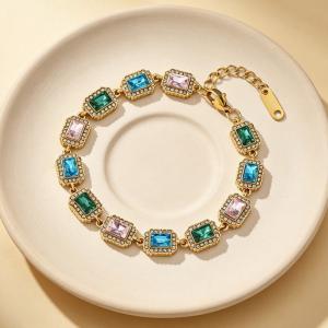 Vintage Royal Rectangular Cubic Zirconia Halo Bracelet Gold Plated Elegant Gemstone Chain Bracelet - KB216318-CAJY