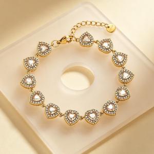 Gold Plated  Heart Cubic Zirconia Halo Link Bracelet, Adjustable Crystal Heart Tennis Bracelet Women Wedding Party Jewelry - KB216319-CAJY