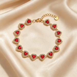 Gold Plated  Heart Cubic Zirconia Halo Link Bracelet, Adjustable Crystal Heart Tennis Bracelet Women Wedding Party Jewelry - KB216324-CAJY