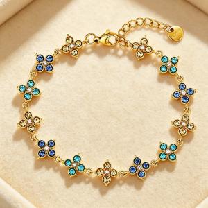 Dainty Color Crystal Four Leaf Clover Bracelet, Gold Plated Stainless Steel Adjustable Wrist Jewelry for Her - KB216329-CAJY