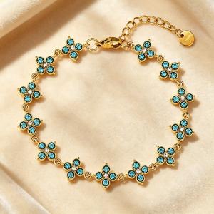 Dainty Color Crystal Four Leaf Clover Bracelet, Gold Plated Stainless Steel Adjustable Wrist Jewelry for Her - KB216330-CAJY