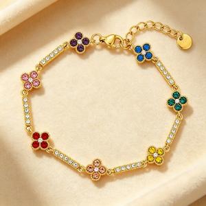 Stainless Steel Four Leaf Clover Bracelet Gold Plated Crystal Rhinestone Women Adjustable Bracelet Fashion Lucky Jewelry - KB216337-CAJY