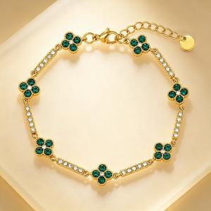Stainless Steel Four Leaf Clover Bracelet Gold Plated Crystal Rhinestone Women Adjustable Bracelet Fashion Lucky Jewelry - KB216339-CAJY