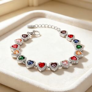 Women Multicolor Heart Rhinestone Bracelet Silver Stainless Steel Adjustable Heart Chain Bracelet - KB216351-CAJY