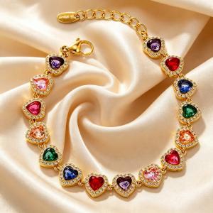 Women Multicolor Heart Rhinestone Bracelet Silver Stainless Steel Adjustable Heart Chain Bracelet - KB216352-CAJY