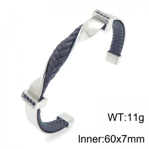 Braided Leather Twisted Stainless Steel Cuff Bracelet for Men, Inlaid Black Crystal Open Bangle Jewelry Gift - KB216508-KFC
