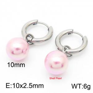 10mm Pink Shell Pearl Silver Color Earrings For Women Stainless Steel - KE108026-Z
