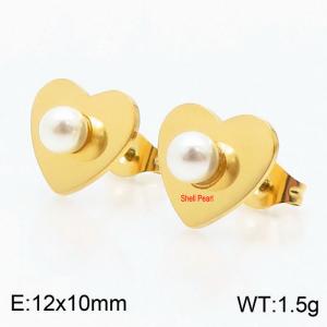 Gold Color Love Heart Stainless Steel Shell Imitation Pearl Stud Earrings For Women - KE108796-KLX