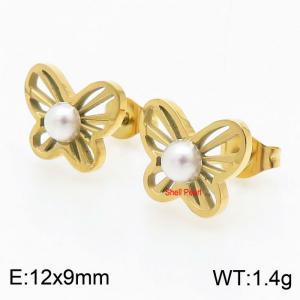 Gold Color Butterfly Stainless Steel Shell Imitation Pearl Stud Earrings For Women - KE108797-KLX