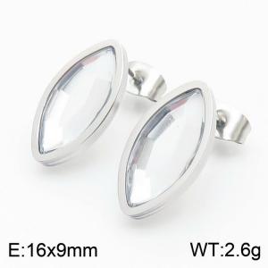 Silver Color Stainless Steel Oval Crystal Glass Stud Earrings For Women - KE108875-KFC