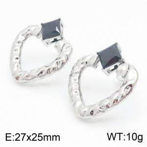 French Black Zircon Heart Earring Women Stainless Steel Silver Color - KE109046-KFC