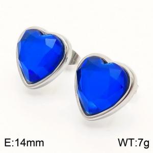 Stainless Steel Blue Glass Silver Heart Earrings - KE109398-Z