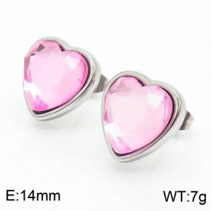 Stainless Steel Pink Glass Silver Heart Earrings - KE109400-Z