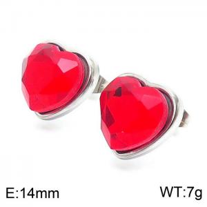 Stainless Steel Red Glass Silver Heart Earrings - KE109406-Z