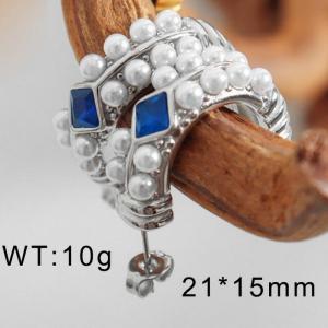 Silver Open Hoop Earrings With Small Shell Beads And Blue Zirconia Silver Hypoallergenic Stainless Steel Earrings For Women - KE109471-WGML