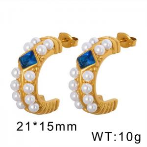 Gold Plated Open Hoop Earrings With Small Shell Beads And Blue Zirconia Gold Hypoallergenic Stainless Steel Earrings For Women - KE109472-WGML