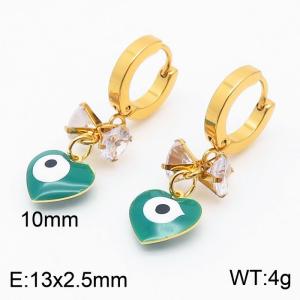 Romantic Women Gold-Plated Stainless Steel Earrings with Green Love Heart&Translucent Zircons Charms - KE109554-HF