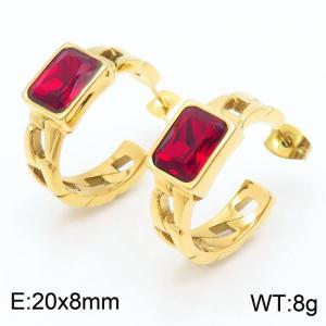 Stainless Steel Red Stone Charm Earrings Gold Color - KE111458-GC