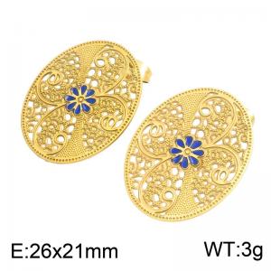 Vintage Gold Filigree Oval Stud Earrings for Women, Enamel Blue Flower Hollow Out Retro Dangle Earrings, Boho Ethnic Elegant Wedding Party Jewelry Gift 26x21mm - KE134702-GC