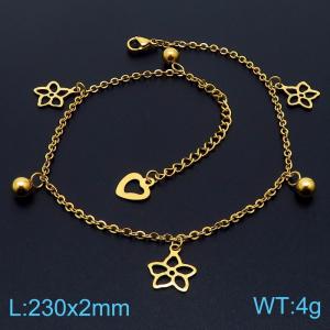 Gold Color Five Leaf Flowers Beads Heart Cuban Chain Lobster Claw Clasp Stainless Steel Anklet For Women - KJ3562-TK