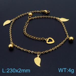 Gold Color Tree Leaves Beads Heart Cuban Chain Lobster Claw Clasp Stainless Steel Anklet For Women - KJ3563-TK