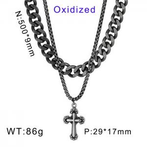 Oxidized color double chain cross Stainless Steel Necklace - KN201777-KFC