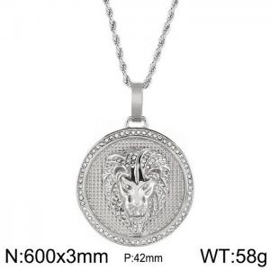 European and American hiphop stainless steel round brand necklace personality diamond lion head male pendant necklace - KN230163-K