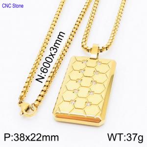 Stainless steel 600x3mm  square pearl chain with bee grid crystal rectangle pendant trendy gold necklace - KN231124-KFC