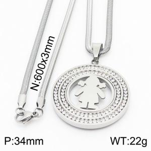 Stainless steel 600x3mm snake chain with little girl shiny crystal  circle pendant trendy necklace - KN231461-K