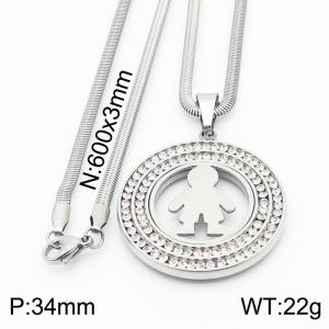 Stainless steel 600x3mm snake chain with little boy shiny crystal  circle pendant trendy necklace - KN231463-K