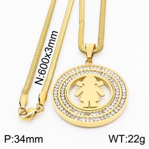 Stainless steel 600x3mm snake chain with little girl shiny crystal  circle pendant trendy gold necklace - KN231474-K