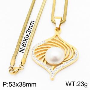 Stainless steel 600x3mm snake chain with shell bead crystal wihte mud pendant trendy gold necklace - KN231478-K