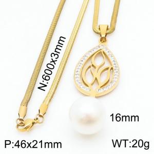 Stainless steel 600x3mm snake chain with shell bead crystal wihte mud leaf pendant trendy gold necklace - KN231480-K
