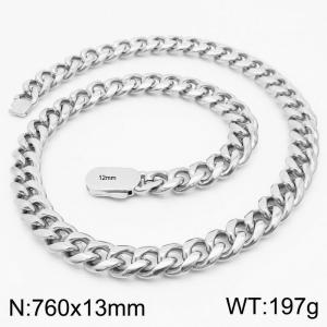 13mm Stainless Steel Cuban Chain Necklace Men's Silver Color Shiny Hip Hop Jewelry - KN231566-Z