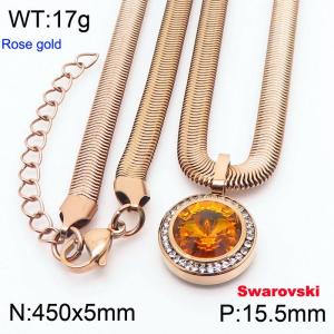 Stainless steel 450X5mm snake chain with swarovski circle stone CZ pendant fashional rose gold necklace - KN233429-K