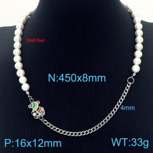 Hiphop Personality Shell Pearl Stainless Steel Bear Cuban Chain Jewelry Necklaces - KN233646-Z