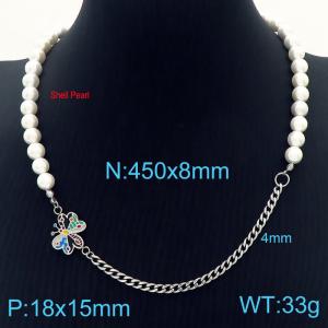 Ins Personality Shell Pearl Stainless Steel Butterfly Cuban Chain Jewelry Necklaces - KN233647-Z