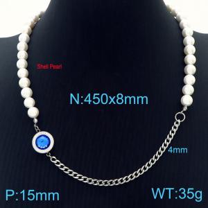 Temperament Ins Shell Pearl Choker Stainless Steel Blue Crystal Stone Cuban Chain Womens Jewelry Necklaces - KN233656-Z