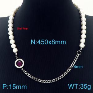 Ins Shell Pearl Choker Stainless Steel Reddish Brown Crystal Stone Cuban Chain Women's Jewelry Necklaces - KN233657-Z