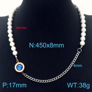 Temperament Ins Shell Pearl Choker Stainless Steel Cuban Chain Women's Blue Crystal Stone Jewelry Necklaces - KN233663-Z