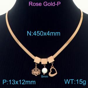 450mm Women Rose-Gold Snake Bone Chain Necklace with Pearl&Love Heart&Lotus Pendants - KN233809-KFC